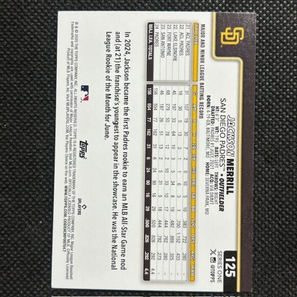 2025 Topps Series 1 Jackson Merrill #125 - San Diego Padres RC Rookie Gold Cup - Picture 2 of 2